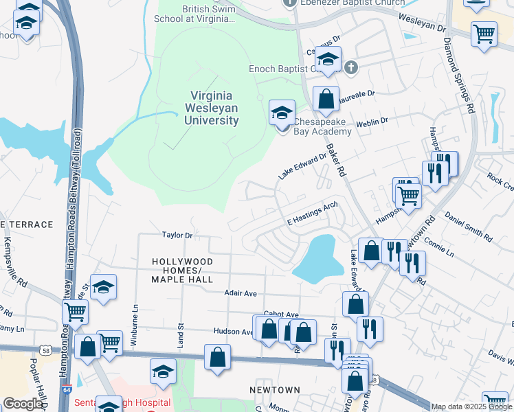 map of restaurants, bars, coffee shops, grocery stores, and more near 614 Charles Court in Virginia Beach