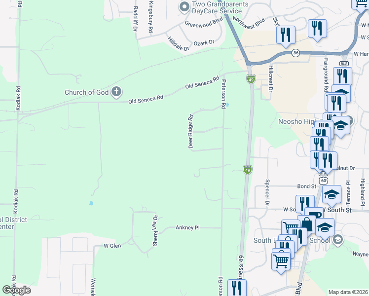 map of restaurants, bars, coffee shops, grocery stores, and more near 4033 Deer Ridge Road in Neosho