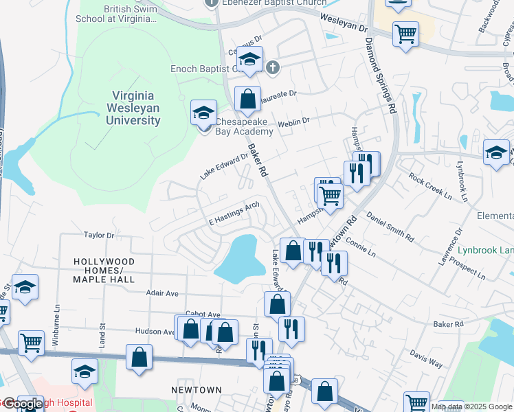 map of restaurants, bars, coffee shops, grocery stores, and more near 5741 East Hastings Arch in Virginia Beach