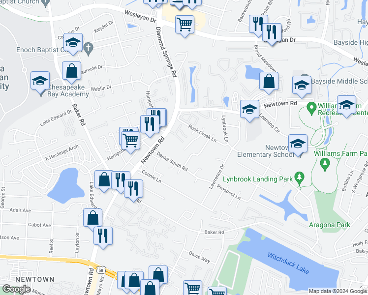 map of restaurants, bars, coffee shops, grocery stores, and more near 705 Rocky Run Court in Virginia Beach