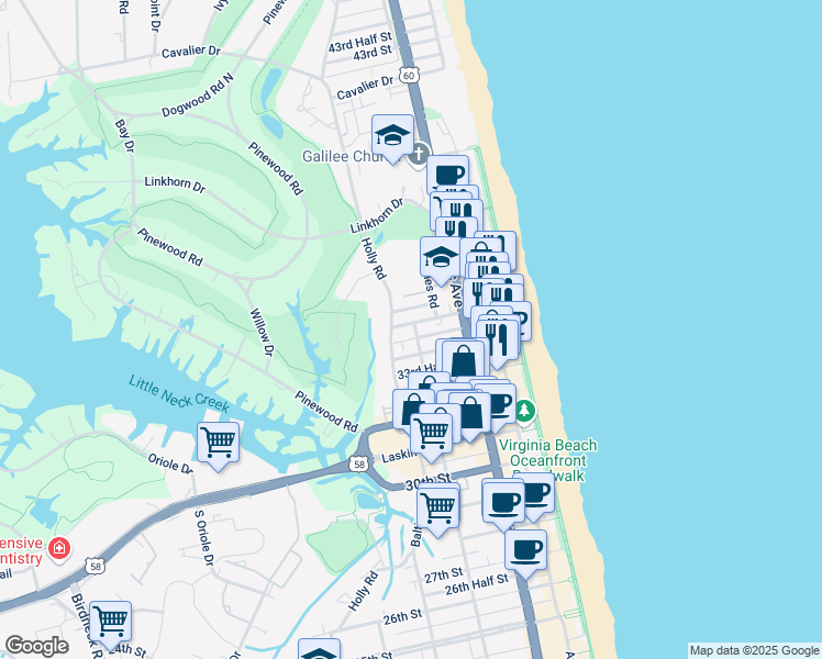 map of restaurants, bars, coffee shops, grocery stores, and more near 400 35th Street in Virginia Beach