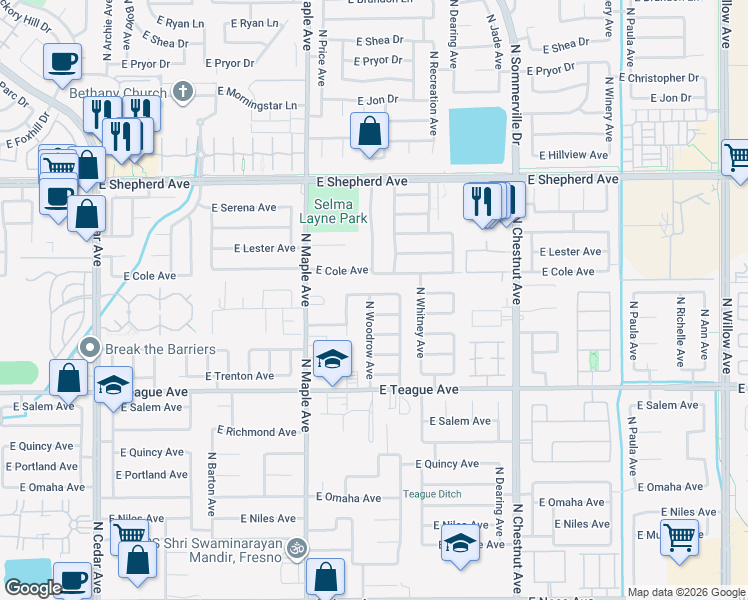 map of restaurants, bars, coffee shops, grocery stores, and more near 2125 East Warwick Avenue in Fresno