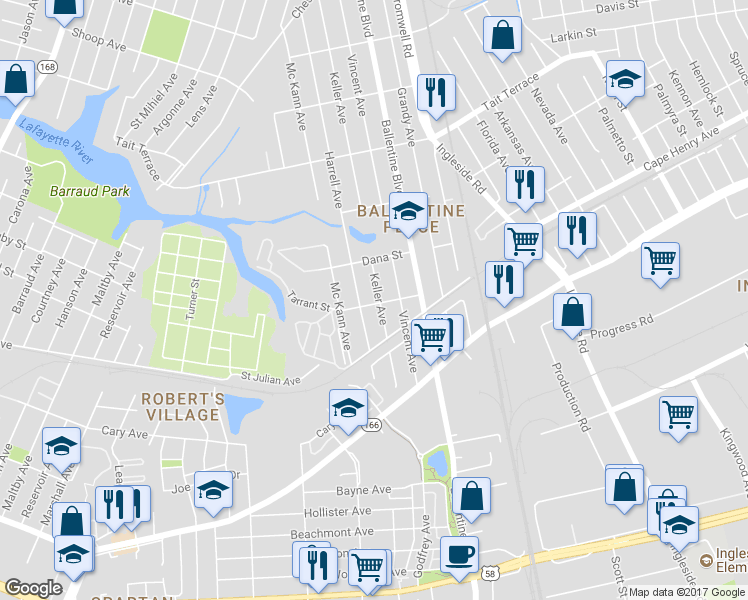 map of restaurants, bars, coffee shops, grocery stores, and more near 2301 Keller Avenue in Norfolk