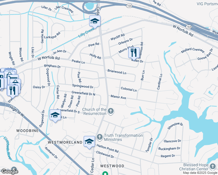map of restaurants, bars, coffee shops, grocery stores, and more near 3609 Cedar Lane in Portsmouth