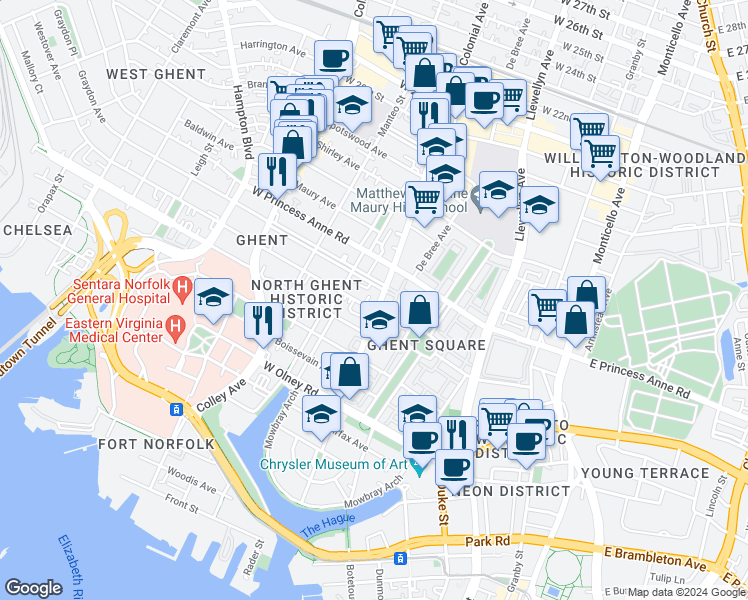map of restaurants, bars, coffee shops, grocery stores, and more near 1009 Colonial Avenue in Norfolk