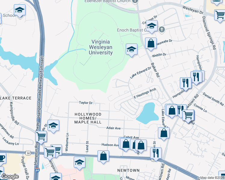 map of restaurants, bars, coffee shops, grocery stores, and more near 5969 Blackpoole Lane in Virginia Beach