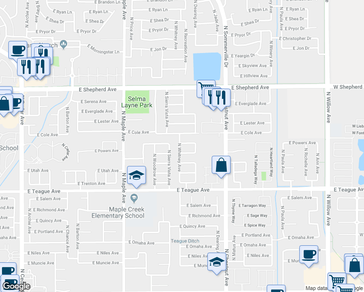 map of restaurants, bars, coffee shops, grocery stores, and more near 2247 East Warwick Avenue in Fresno
