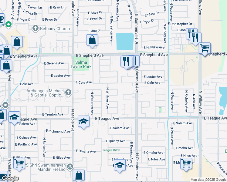map of restaurants, bars, coffee shops, grocery stores, and more near 2283 East Warwick Avenue in Fresno