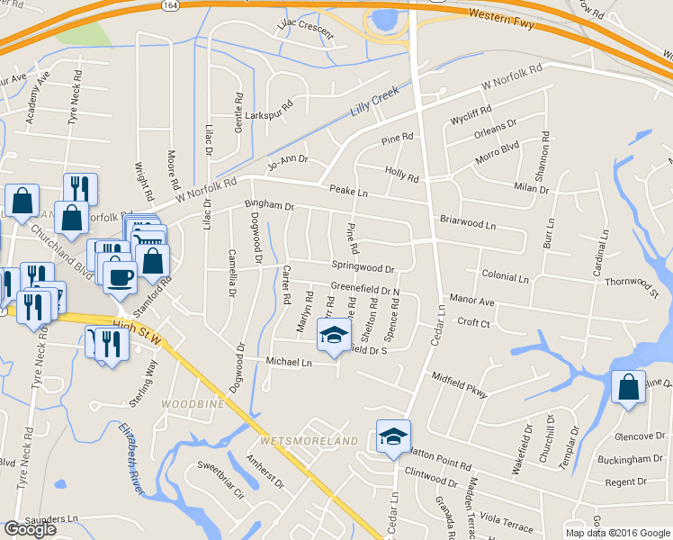 map of restaurants, bars, coffee shops, grocery stores, and more near 5609 Springwood Drive in Portsmouth
