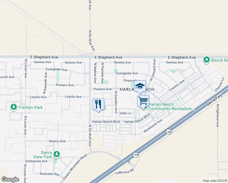 map of restaurants, bars, coffee shops, grocery stores, and more near 3591 Bloomfield Lane in Clovis