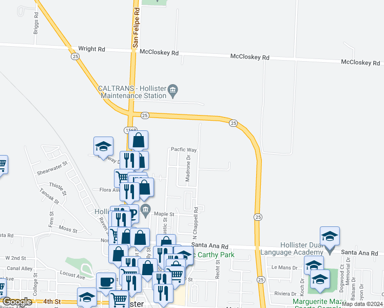 map of restaurants, bars, coffee shops, grocery stores, and more near 481 Madrone Drive in Hollister