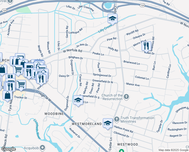 map of restaurants, bars, coffee shops, grocery stores, and more near 5609 Springwood Drive in Portsmouth