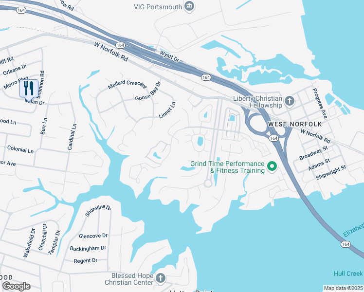map of restaurants, bars, coffee shops, grocery stores, and more near 3829 Lamplighter Court in Portsmouth