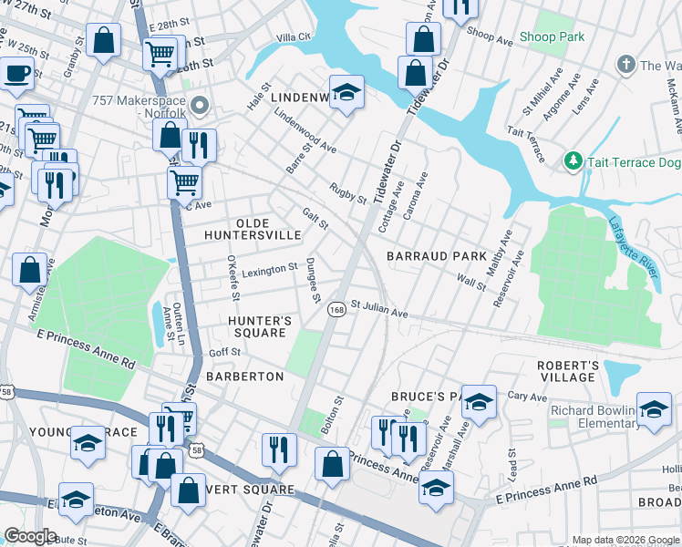 map of restaurants, bars, coffee shops, grocery stores, and more near 1029 Barney Street in Norfolk
