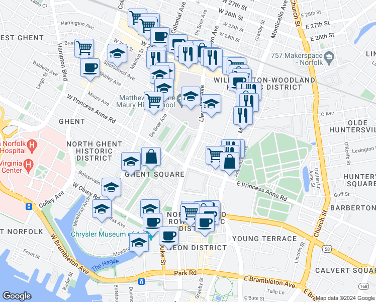 map of restaurants, bars, coffee shops, grocery stores, and more near 1305 Llewellyn Avenue in Norfolk