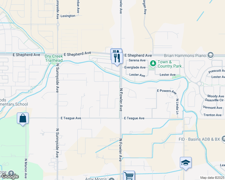 map of restaurants, bars, coffee shops, grocery stores, and more near 8733 North Fowler Avenue in Clovis