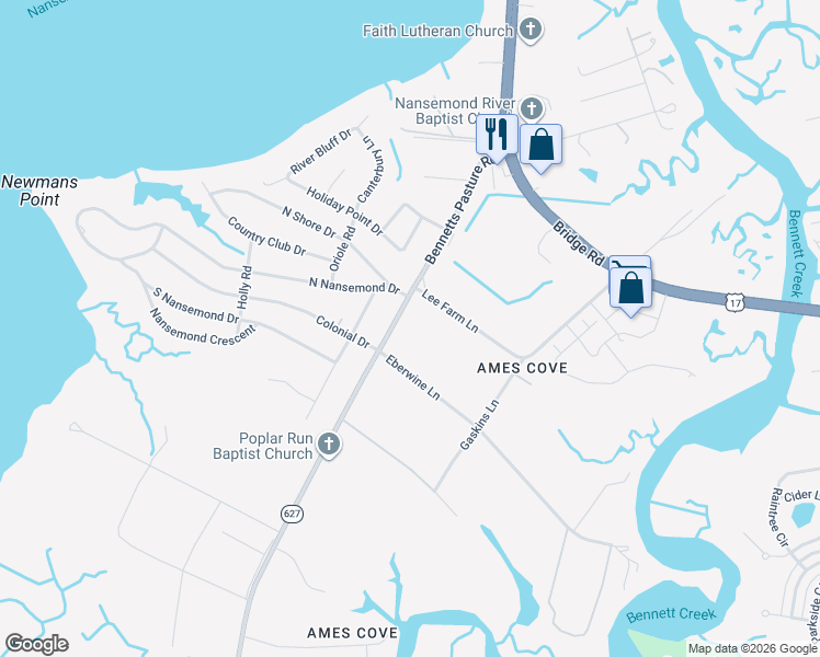 map of restaurants, bars, coffee shops, grocery stores, and more near 5556 Bennetts Pasture Road in Suffolk