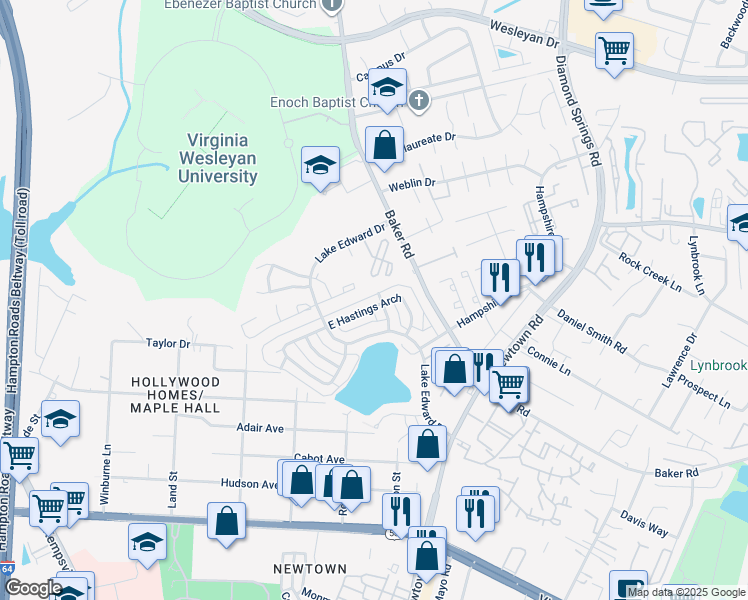 map of restaurants, bars, coffee shops, grocery stores, and more near 5804 East Hastings Arch in Virginia Beach