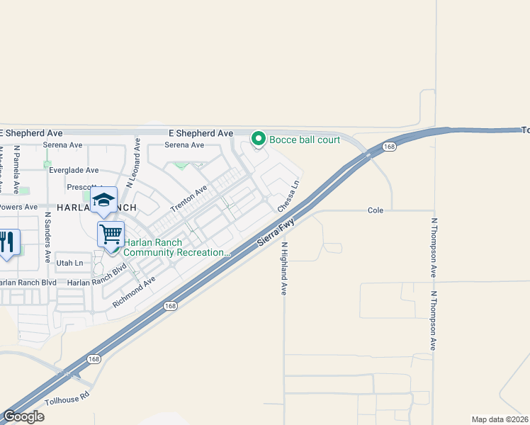 map of restaurants, bars, coffee shops, grocery stores, and more near 4177 Chessa Lane in Clovis