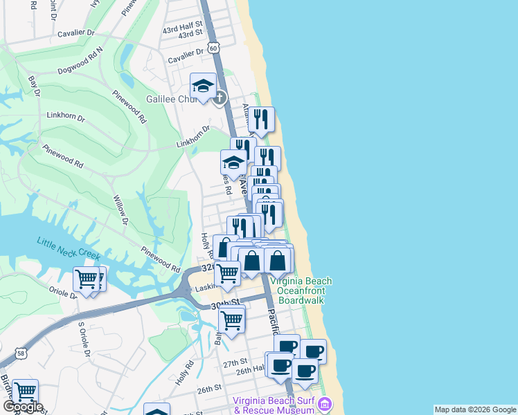 map of restaurants, bars, coffee shops, grocery stores, and more near 205 34th Street in Virginia Beach