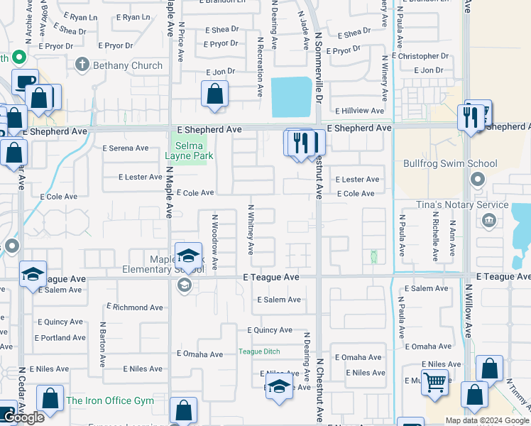 map of restaurants, bars, coffee shops, grocery stores, and more near 2283 East Warwick Avenue in Fresno
