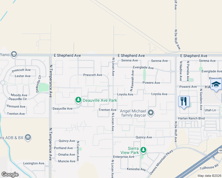 map of restaurants, bars, coffee shops, grocery stores, and more near 1772 North Whitmore Avenue in Clovis