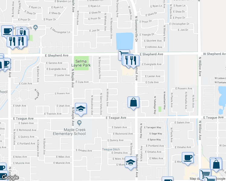 map of restaurants, bars, coffee shops, grocery stores, and more near 2283 East Warwick Avenue in Fresno