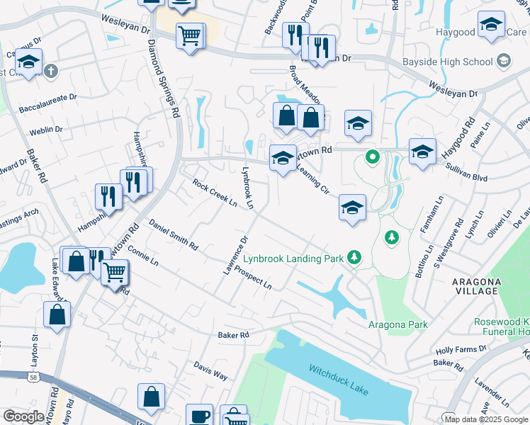 map of restaurants, bars, coffee shops, grocery stores, and more near 5500 Lynbrook Landing in Virginia Beach