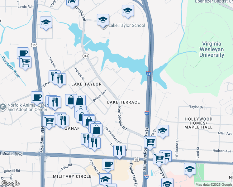 map of restaurants, bars, coffee shops, grocery stores, and more near 1174 Kempsville Road in Norfolk