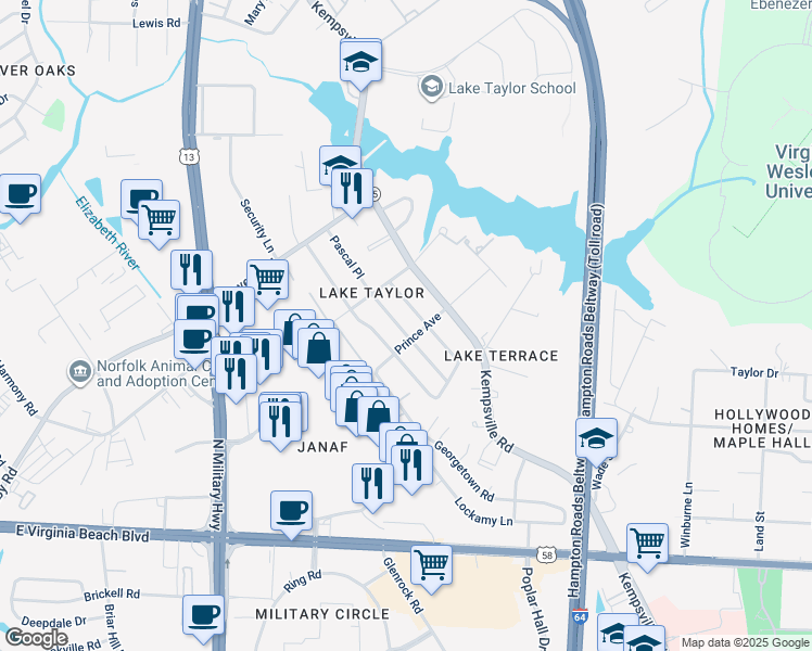 map of restaurants, bars, coffee shops, grocery stores, and more near 1168 Pascal Place in Norfolk