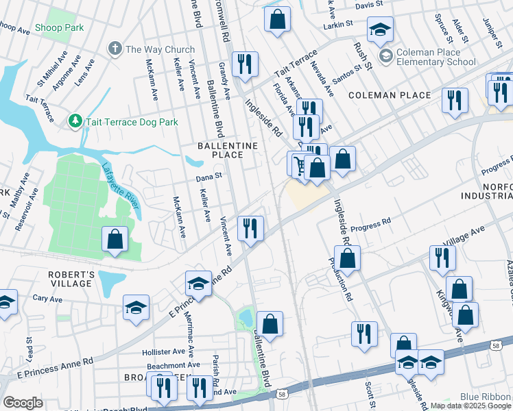 map of restaurants, bars, coffee shops, grocery stores, and more near 2303 Grandy Avenue in Norfolk