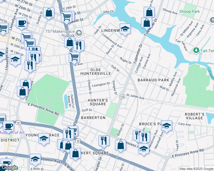 map of restaurants, bars, coffee shops, grocery stores, and more near 1525 Proescher Street in Norfolk