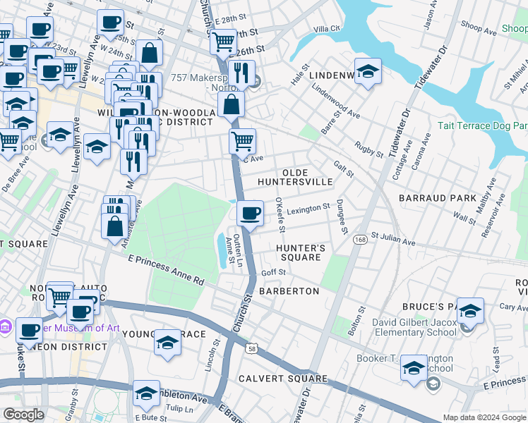 map of restaurants, bars, coffee shops, grocery stores, and more near 716 Lexington Street in Norfolk
