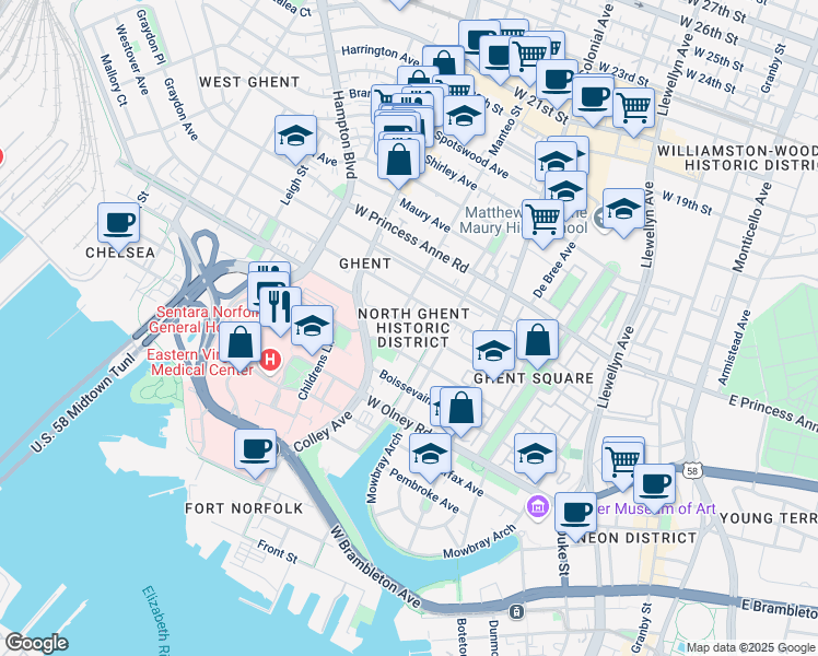 map of restaurants, bars, coffee shops, grocery stores, and more near 616 Redgate Avenue in Norfolk