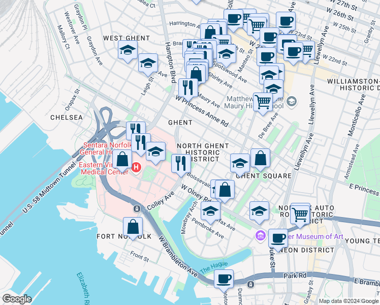 map of restaurants, bars, coffee shops, grocery stores, and more near 813 Manteo Street in Norfolk