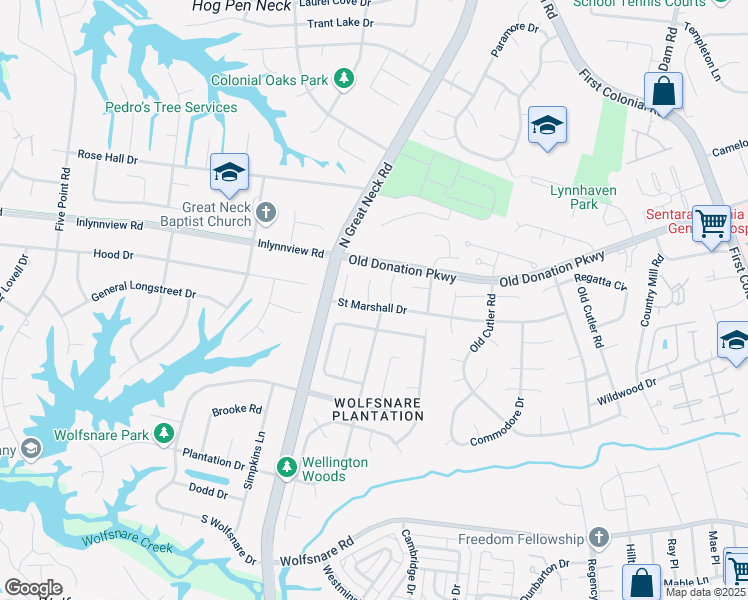 map of restaurants, bars, coffee shops, grocery stores, and more near 900 Saint Circle in Virginia Beach