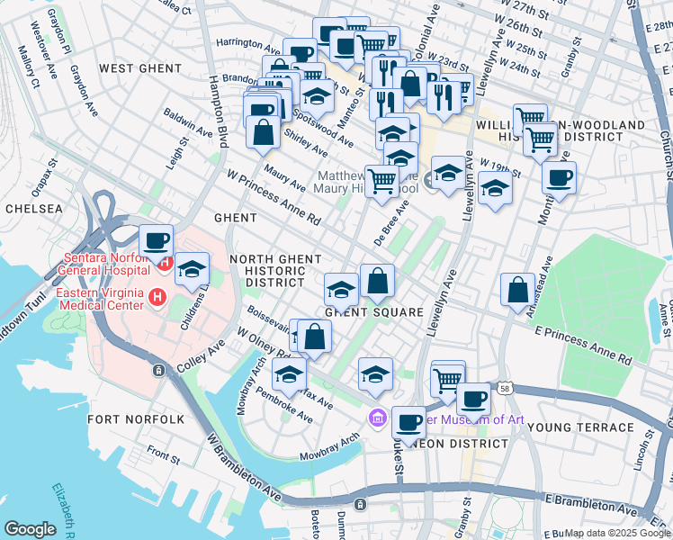 map of restaurants, bars, coffee shops, grocery stores, and more near 1009 Colonial Avenue in Norfolk