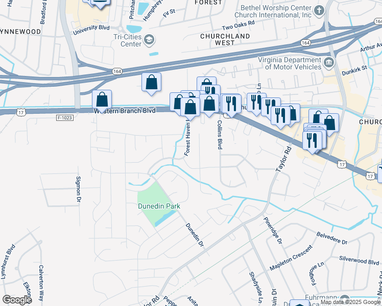 map of restaurants, bars, coffee shops, grocery stores, and more near 3553 Forest Haven Lane in Chesapeake