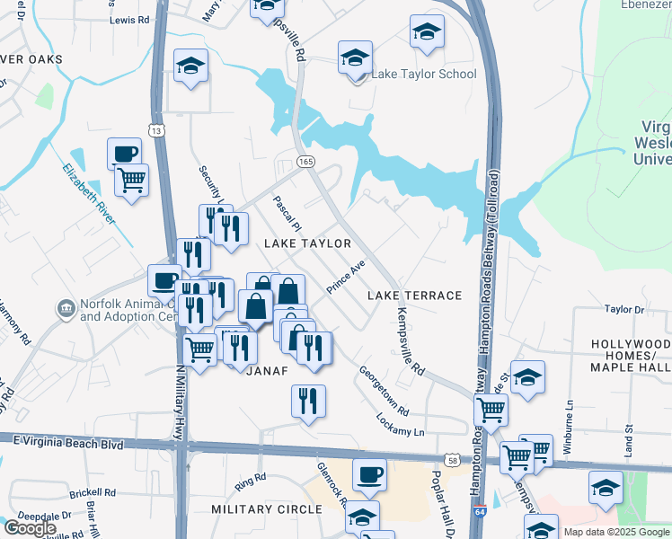 map of restaurants, bars, coffee shops, grocery stores, and more near 1168 Pascal Place in Norfolk