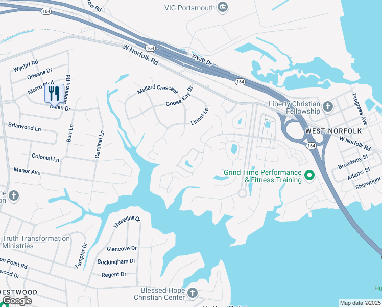 map of restaurants, bars, coffee shops, grocery stores, and more near 32 Creekside Drive in Portsmouth