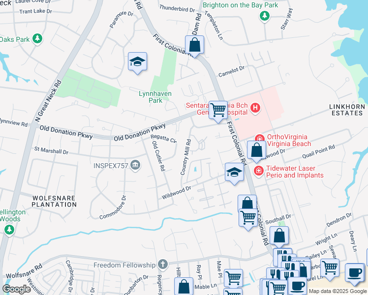 map of restaurants, bars, coffee shops, grocery stores, and more near 1069 Country Mill Road in Virginia Beach