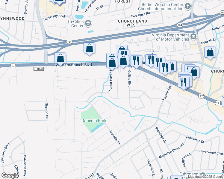 map of restaurants, bars, coffee shops, grocery stores, and more near 3553 Forest Haven Lane in Chesapeake