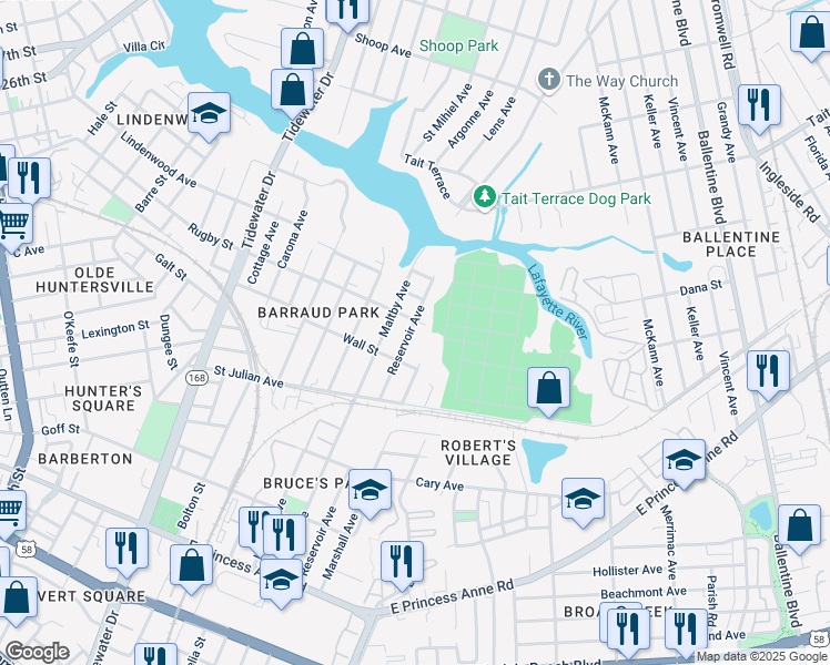 map of restaurants, bars, coffee shops, grocery stores, and more near 2326 Reservoir Avenue in Norfolk