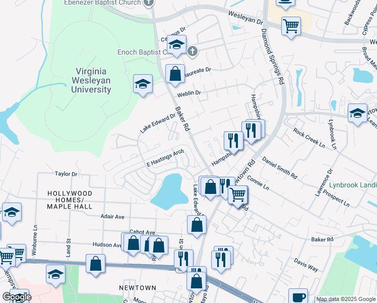 map of restaurants, bars, coffee shops, grocery stores, and more near 5742 E Hastings Arch in Virginia Beach