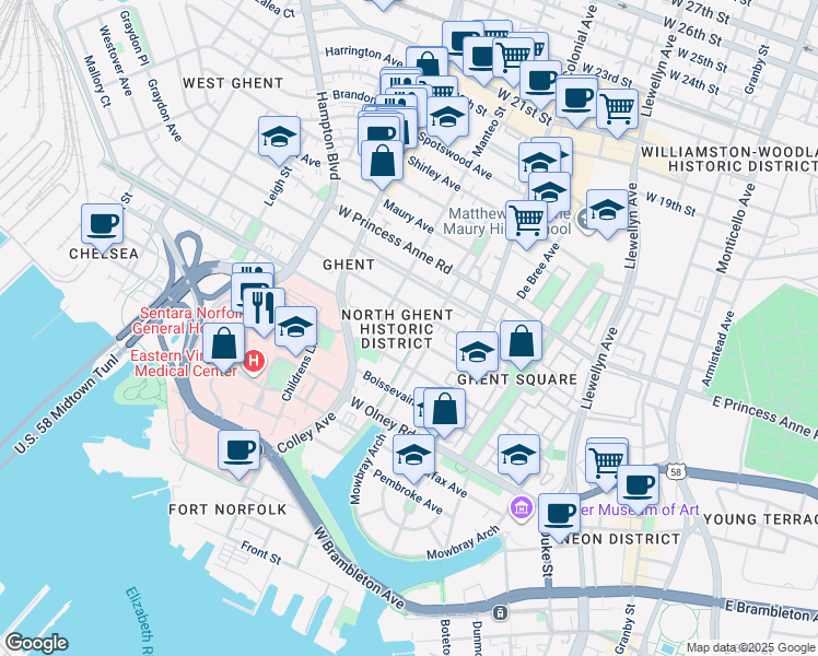 map of restaurants, bars, coffee shops, grocery stores, and more near 616 Redgate Avenue in Norfolk