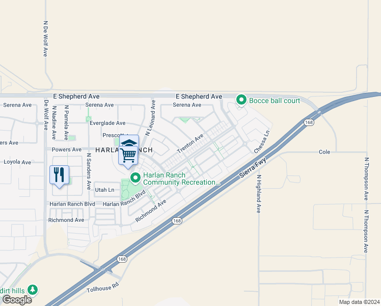 map of restaurants, bars, coffee shops, grocery stores, and more near 4011 Harlan Ranch Boulevard in Clovis