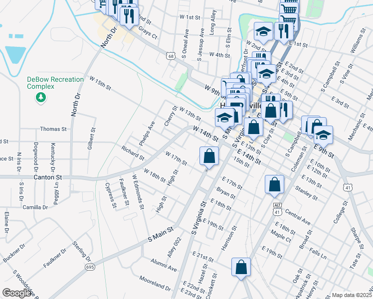 map of restaurants, bars, coffee shops, grocery stores, and more near 100 West 16th Street in Hopkinsville