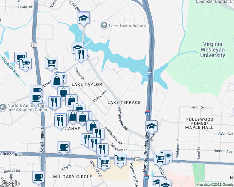 map of restaurants, bars, coffee shops, grocery stores, and more near 1174 Kempsville Road in Norfolk