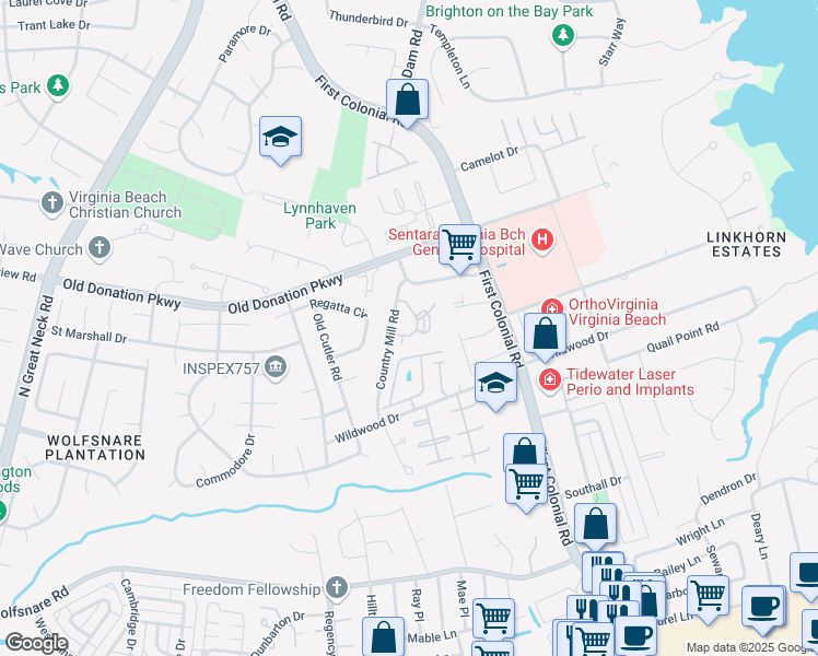 map of restaurants, bars, coffee shops, grocery stores, and more near 1005 Autumn Woods Lane in Virginia Beach