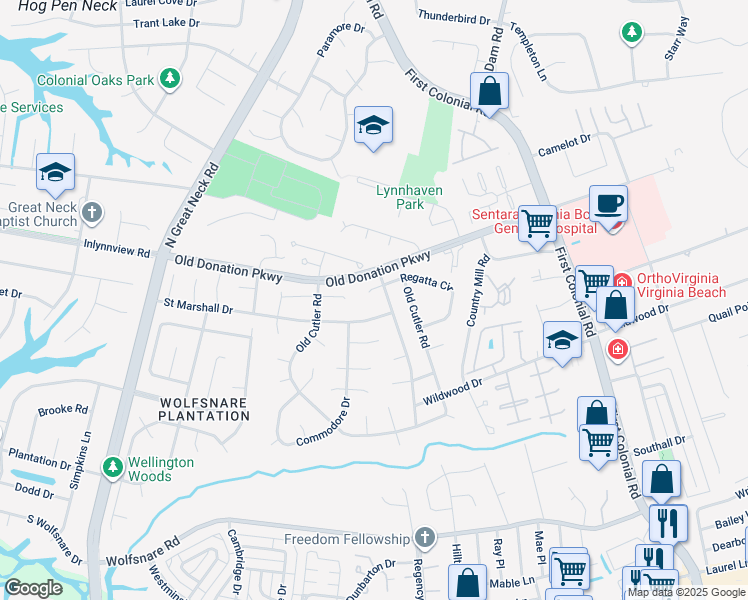 map of restaurants, bars, coffee shops, grocery stores, and more near 2105 Mitchell Circle in Virginia Beach